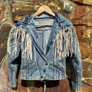 Vintage 80s Prezzia Acid Wash Denim and Suede Fringe Jacket
